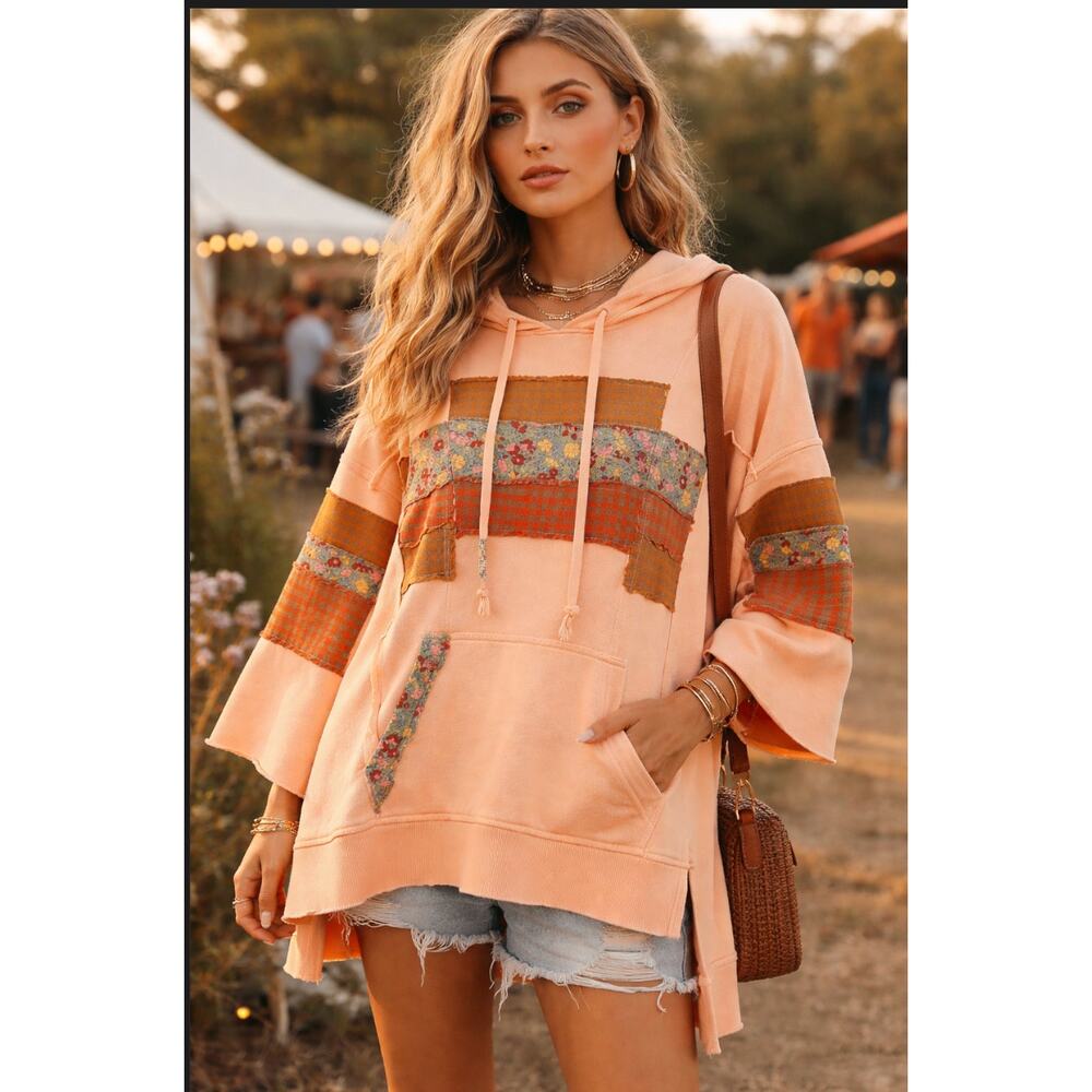 Easel Patchwork Hoodie Tunic Peach Floral Boho Oversized Medium NWT